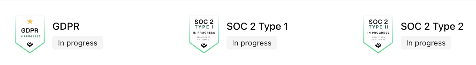 GDPR, SOC 2 Type 1 and SOC 2 Type 2 — all in progress, monitored by Comp AI